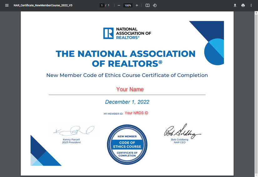 NAR New Member Certificate example