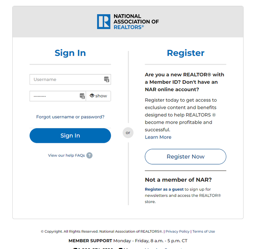 NAR COE Existing Members Sign In Page